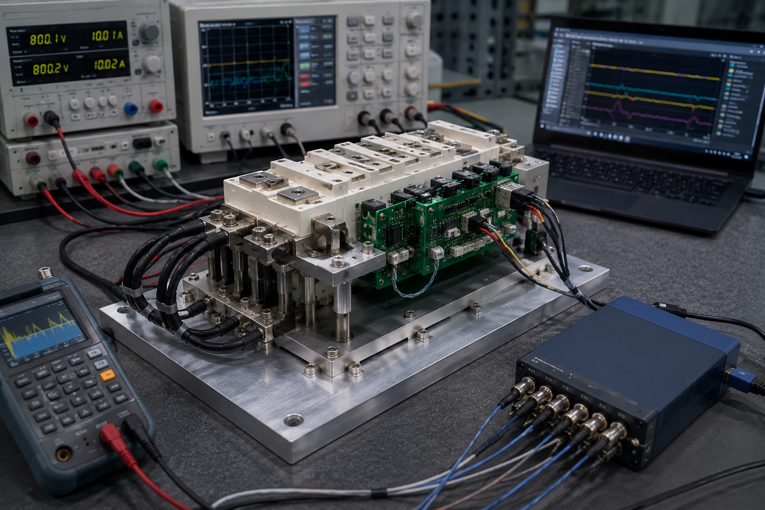 SiC power module with control boards and laboratory instrumentation